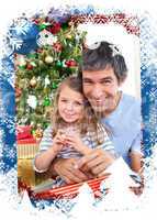 Composite image of dad and little girl playing with christmas pr