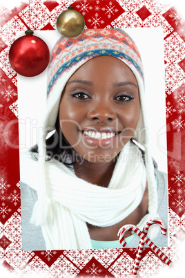Composite image of close up of smiling woman with winter hat on Composite image of close up of smiling woman with winter hat on