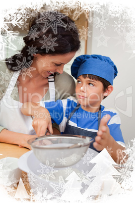 Son and mother baking together