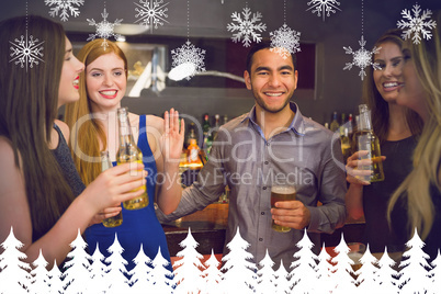 Composite image of happy friends holding beers