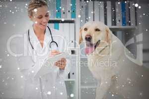 Composite image of veterinarian writing prescription for dog