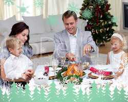 Composite image of father cutting a turkey in christmas dinner