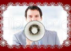 Portrait of an stressed businessman using a megaphone