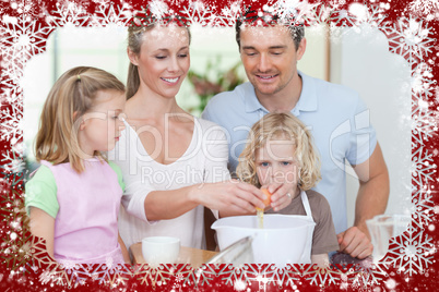 Composite image of family preparing dough together