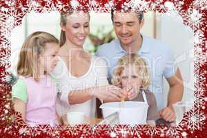 Composite image of family preparing dough together