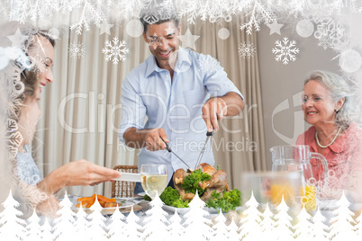 Composite image of extended family at dining table