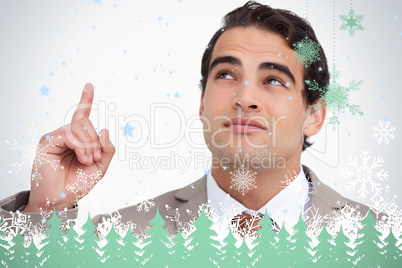 Close up of salesman looking and pointing up