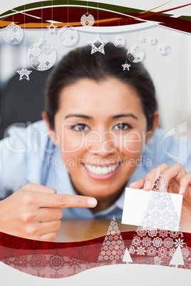 Good looking woman showing her visiting card