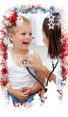 Composite image of a doctor checking the pulse on a smiling litt