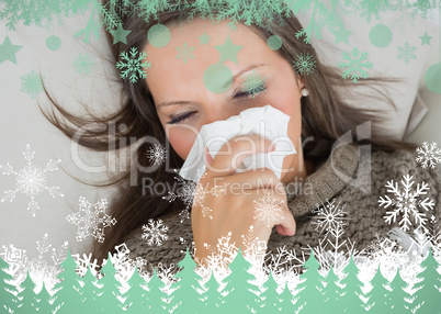 Sick woman lying on sofa and blowing nose