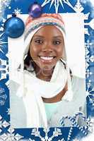 Composite image of smiling young woman in winter clothes