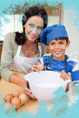 Son and mother baking cake