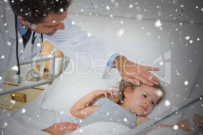 Composite image of doctor checking temperature of sick girl