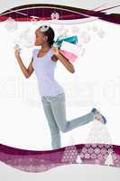Woman with credit card and shopping on white background