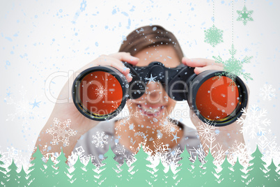 Composite image of woman looking through spyglasses