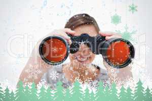 Composite image of woman looking through spyglasses