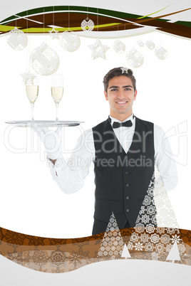 Composite image of young waiter presenting a silver tray