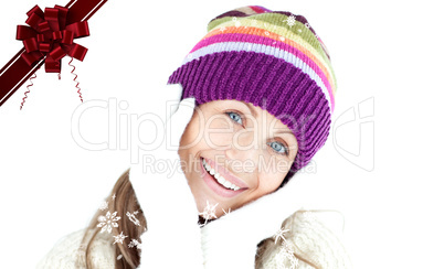 Composite image of joyful woman looking at the camera