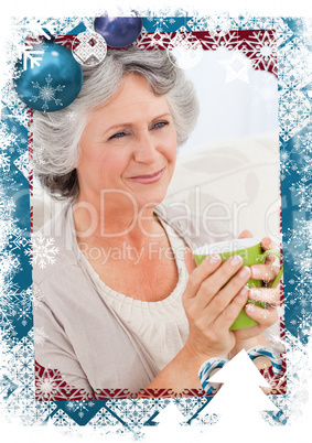 Composite image of senior drinking a cup of tea