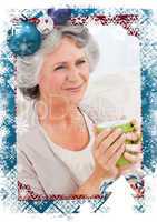 Composite image of senior drinking a cup of tea