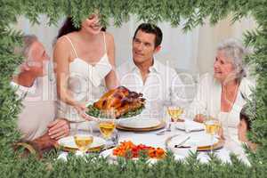 Woman showing turkey to her family for christmas dinner