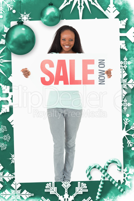 Composite image of woman with ad on white background