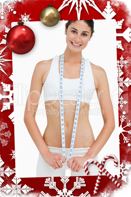 Composite image of slim woman with a measure tape