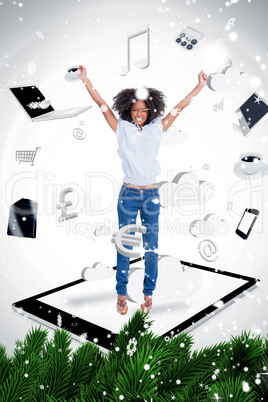 Composite image of cheerful woman jumping on a tablet pc