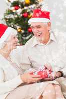 Elderly couple exchanging christmas gifts