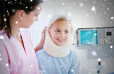 Composite image of adorable little girl with a neck brace sittin