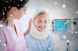 Composite image of adorable little girl with a neck brace sittin