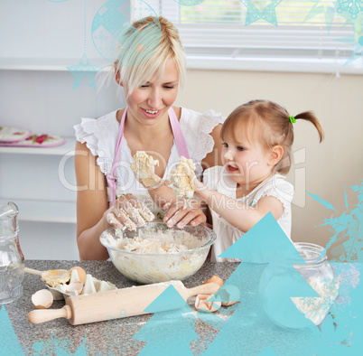 Simper woman baking cookies with her daughter