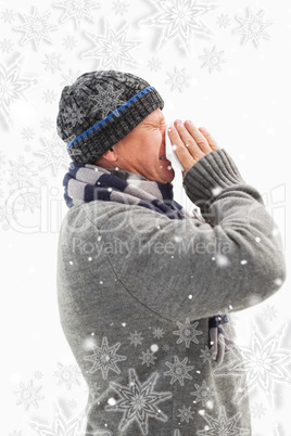 Composite image of sick mature man blowing his nose