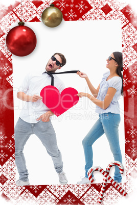 Composite image of brunette pulling her boyfriend by the tie