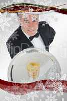 Waiter serving glass of whiskey on a tray