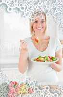 Composite image of woman eating salad