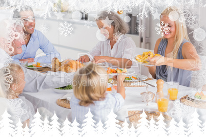 Composite image of happy family eating the thanksgiving dinner