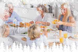 Composite image of happy family eating the thanksgiving dinner