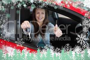 Composite image of woman holding car keys