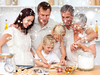 Composite image of brother and sister baking in the kitchen