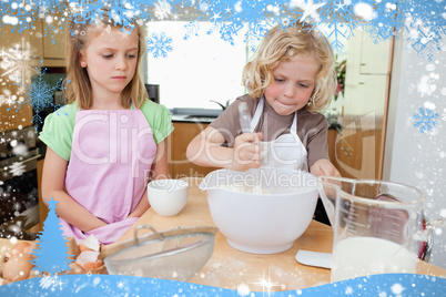 Composite image of young siblings preparing dough