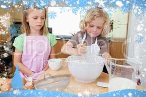 Composite image of young siblings preparing dough