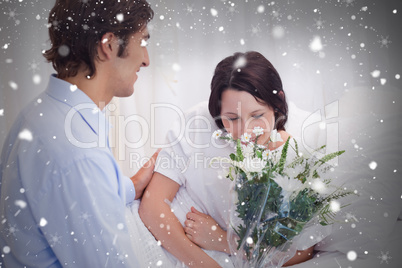 Composite image of man brought flowers to his girlfriend in the