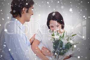 Composite image of man brought flowers to his girlfriend in the