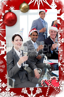 Manager and his team with novelty christmas hat toasting at a pa