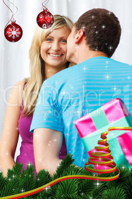 Composite image of man wait one kiss from his girlfriend