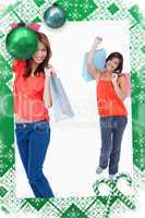 Teenage girl following her friend after shopping against a white background