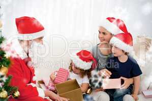 Santa giving presents to his children in the living room