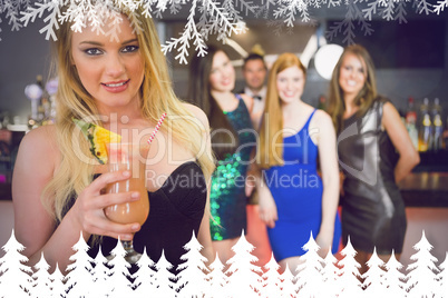 Blonde attractive woman holding cocktail standing in front of he