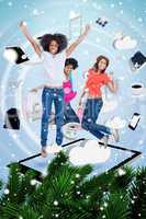 Composite image of three cute women jumping on a tablet pc